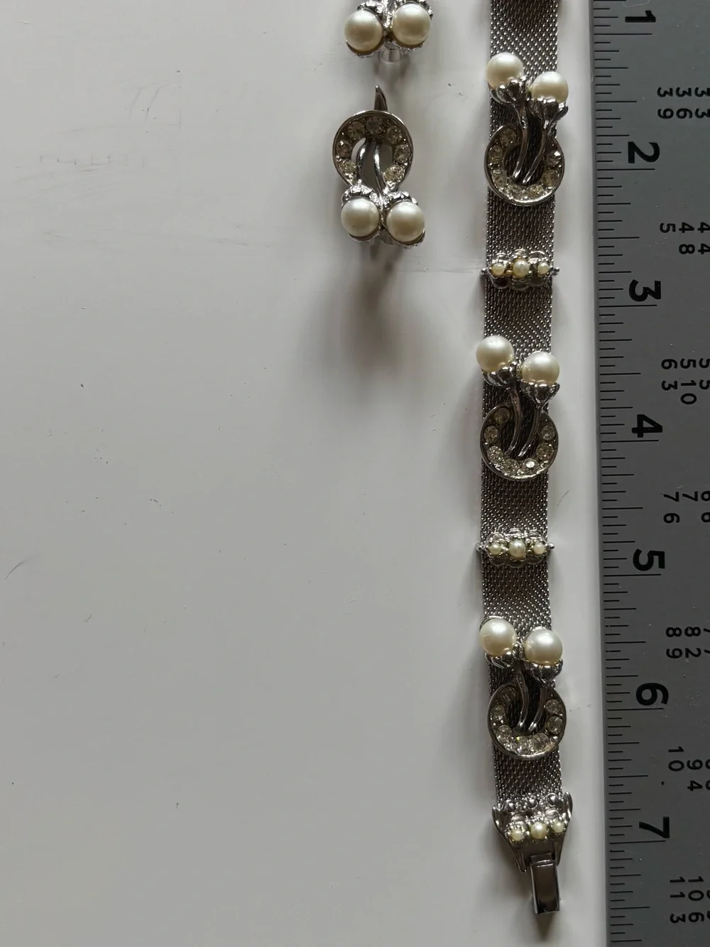 Vintage Faux Pearl Rhinestone Mesh Bracelet Clip Earrings Set Silver Tone 1950s